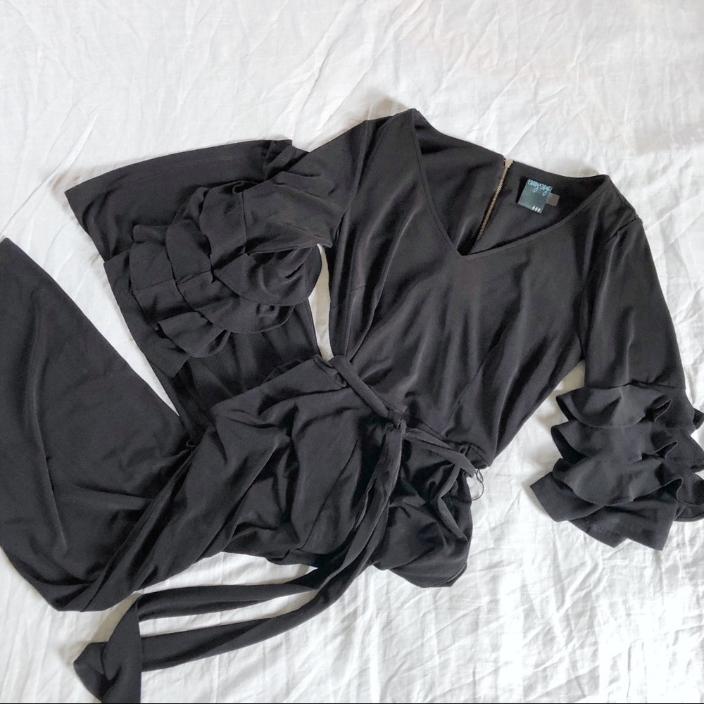 Black Ruffle Sleeve Tie-Wait Jumpsuit